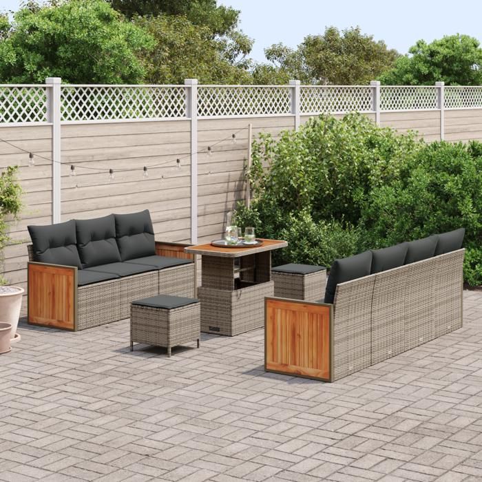 Ensemble de 10 pièces de sofa de jardin avec coussins Gris Poly Rattan Acacia 3363273