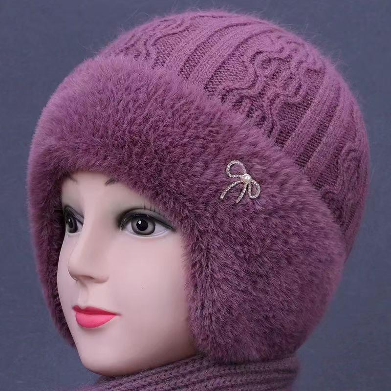 Warm Knitted Beanie Hat Women Winter Elderly Mom Cap With Ear Protection Soft Fleece Lined