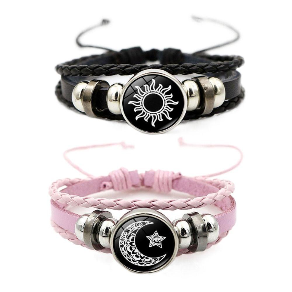 Three-layer Leather Bracelet Sun Moon Knitted Hand Chain Punk Bead Woven Bracelet  Gift
