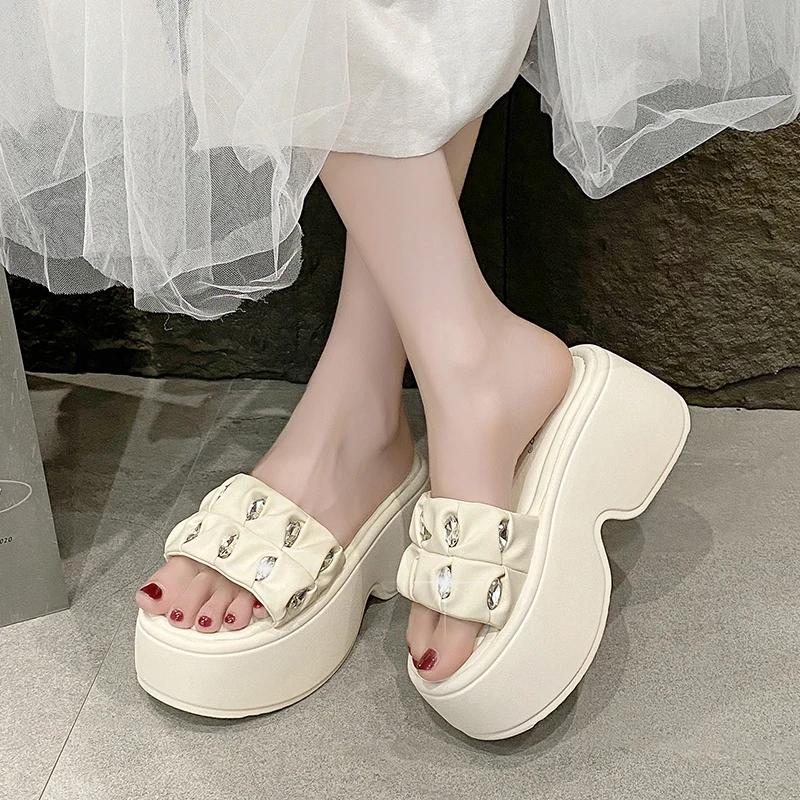 Fashion 8CM Women's Thick Bottom Slip-On Slippers New Summer Crystal Sandals Outdoor Chunky Flip Flops Casual Beach Slides Zapatos Mujer