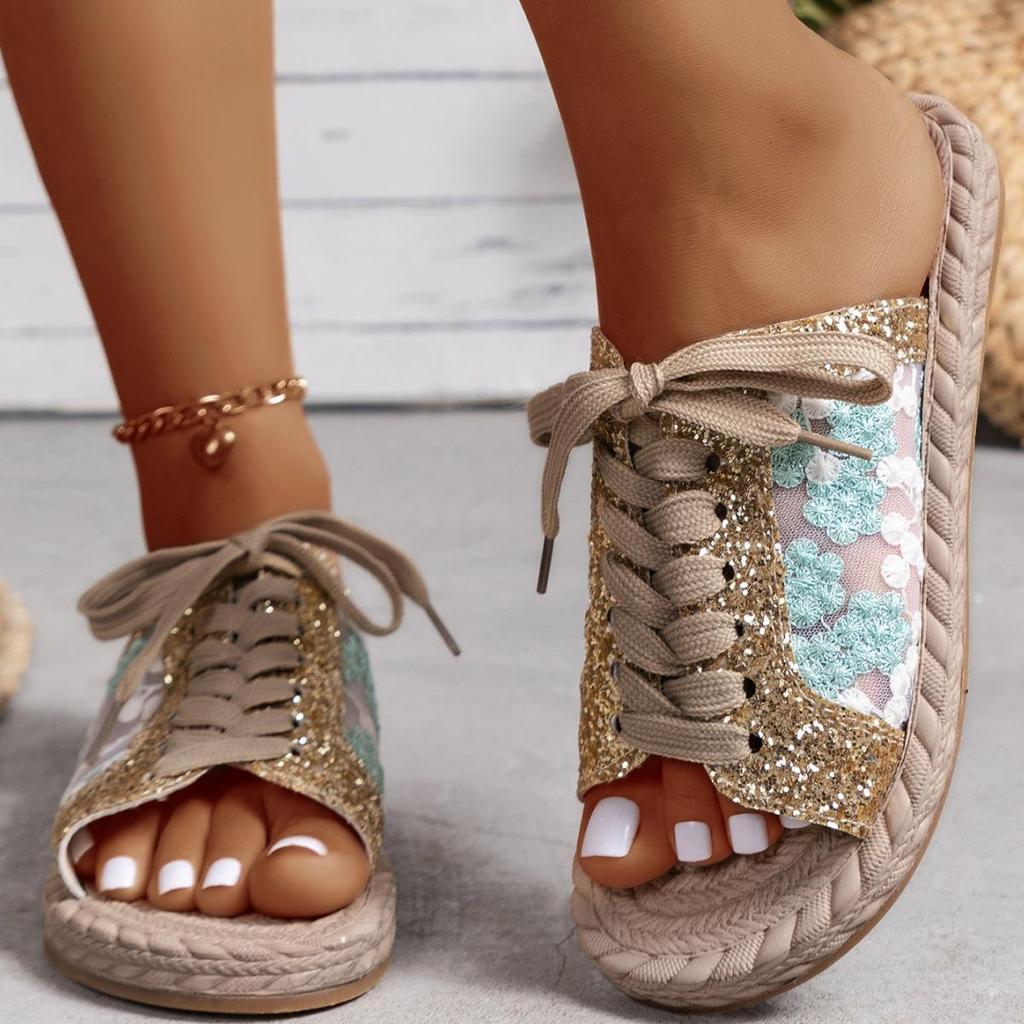 Pantofole piatte aperte con punta aperta e ricamate in rete con paillettes da donna Sandali da spiaggia estivi versatili con lacci