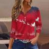 Women's Fashion Casual Christmas Tree Print V-Neck Decorative Button Three-Quarter Sleeve T-Shirt Top