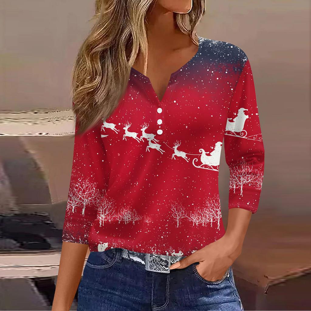 Women's Fashion Casual Christmas Tree Print V-Neck Decorative Button Three-Quarter Sleeve T-Shirt Top