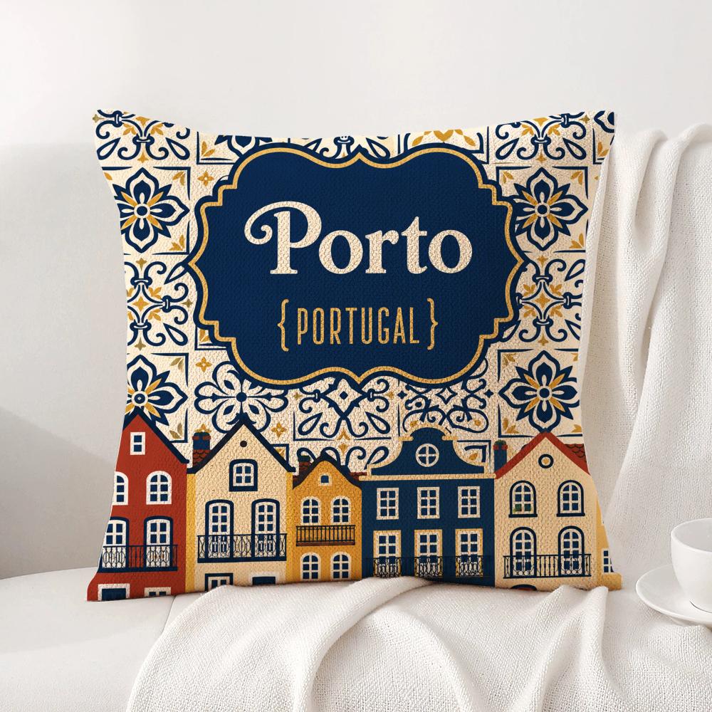 Lisbon Tiles Cushion Cover Linen Organic Fabric DoubleSided Printing Sofa Breathable Home Decor Gift Pillow Case