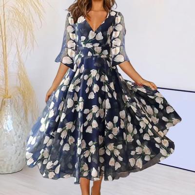 Damenkleid, Halbarm, Blumendruck, V-Ausschnitt, A-Linie, großer Schwung, plissiertes Netz, Patchwork, wadenlanges Party-/Ball-Midikleid