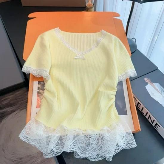Women's V-Neck Lace Patchwork Slim Fit Short-Sleeve T-Shirt - 2025 Summer