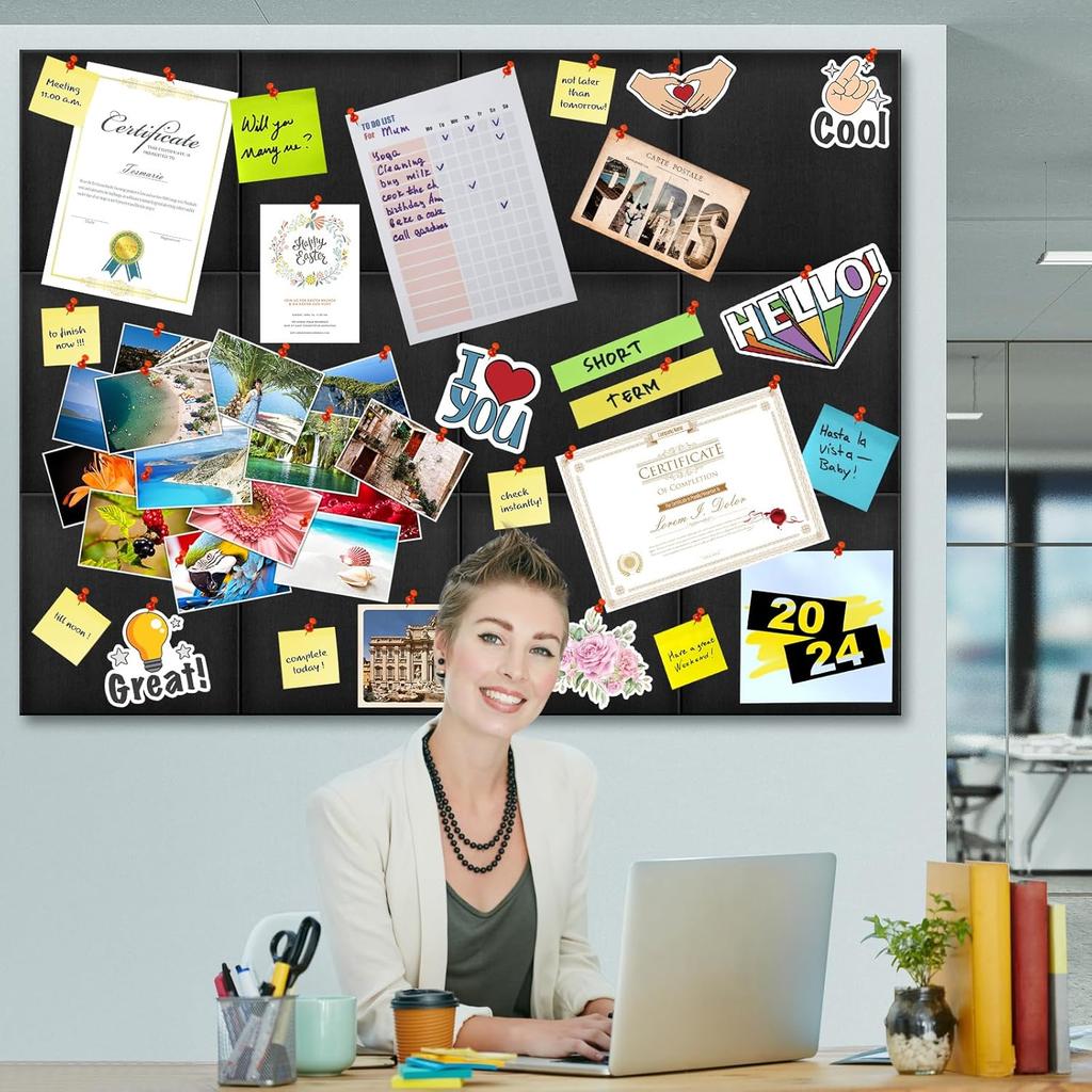 Large Cork Board Subsitute - 24"x24" Bulletin Board - 4 Pack Black Felt Board for Home&Office Wall Decor with Noise Reduction
