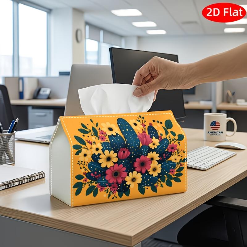 2D Flat, 1pc Tissue Box, Printed on Both Sides, Boho Botanical Tissue Holder Floral Design Made of Durable Polyester for Home, Office, Vehicle, Events
