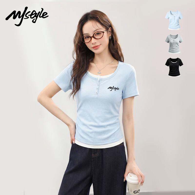 MJ STYLE Women s Fake Two-Piece Short Sleeve T-Shirt M