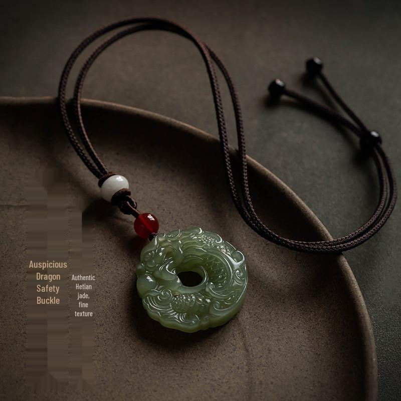 Natural Hetian Jade Auspicious Dragon Pendant - Retro Green Peace Buckle Design