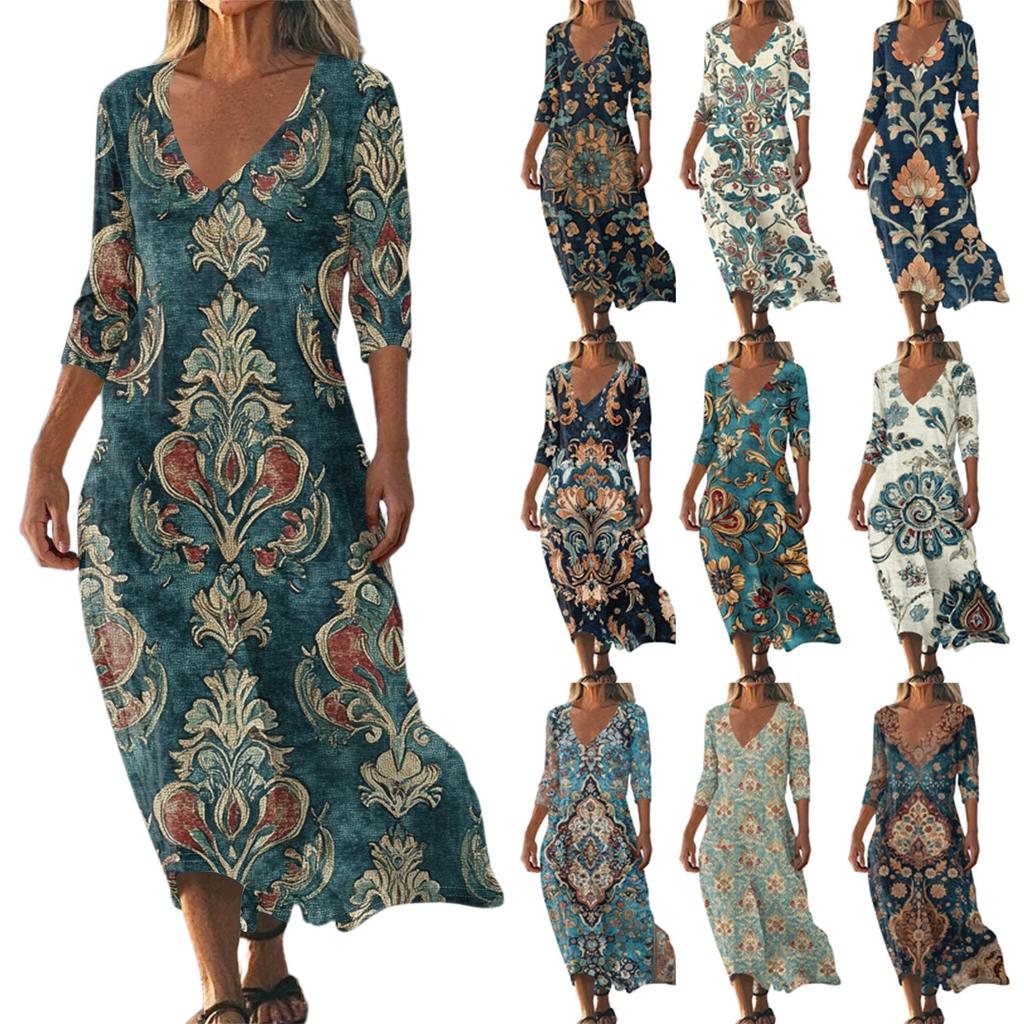 Dresses For Womens Vintage Print Tunic Waisted Midi Dress Summer Casual 3/4 Sleeve Dress