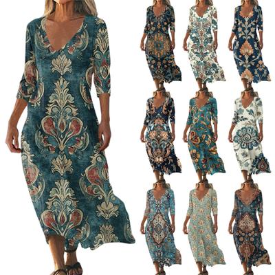 Dresses For Womens Vintage Print Tunic Waisted Midi Dress Summer Casual 3/4 Sleeve Dress