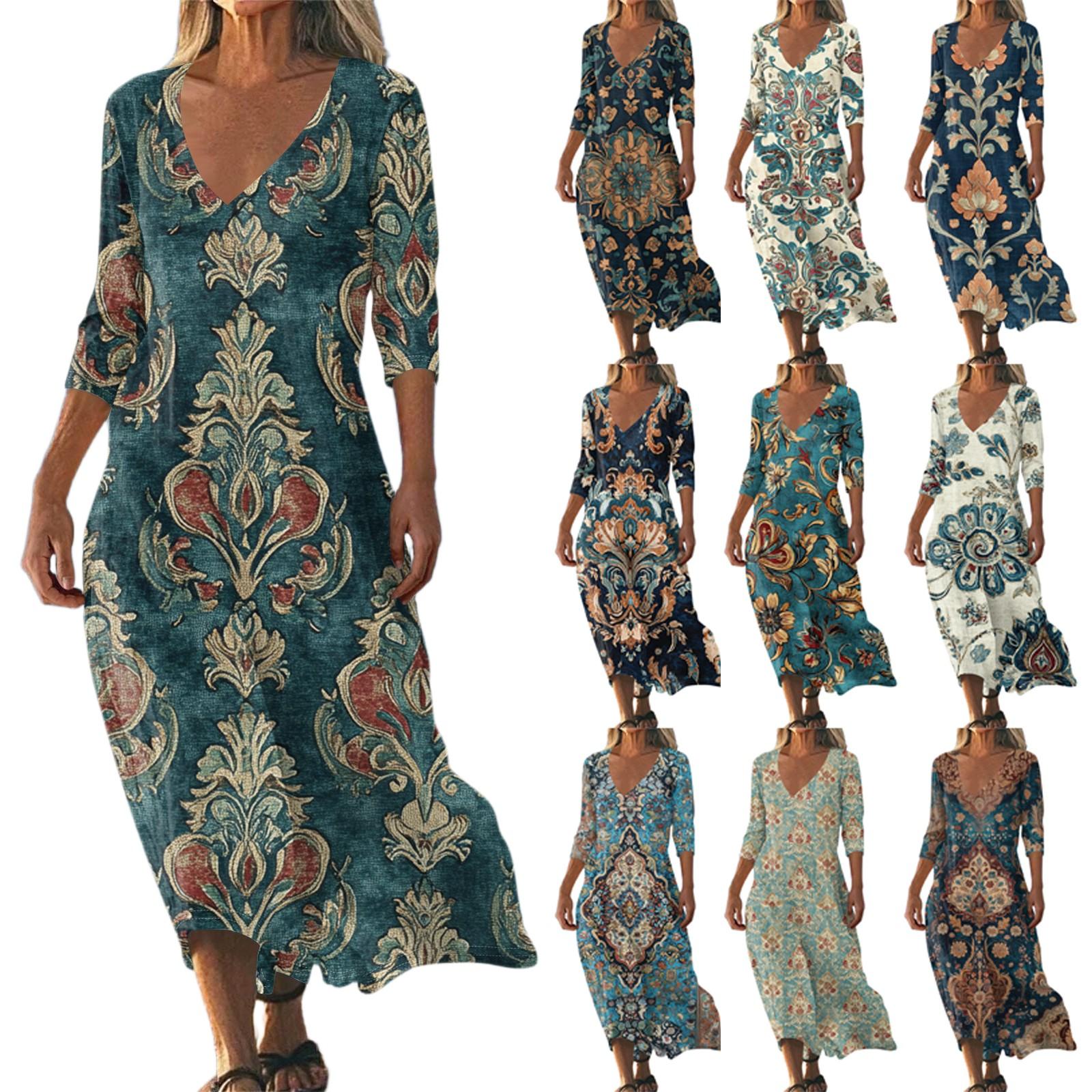 

Dresses For Womens Vintage Print Tunic Waisted Midi Dress Summer Casual 3/4 Sleeve Dress M Темно-синій