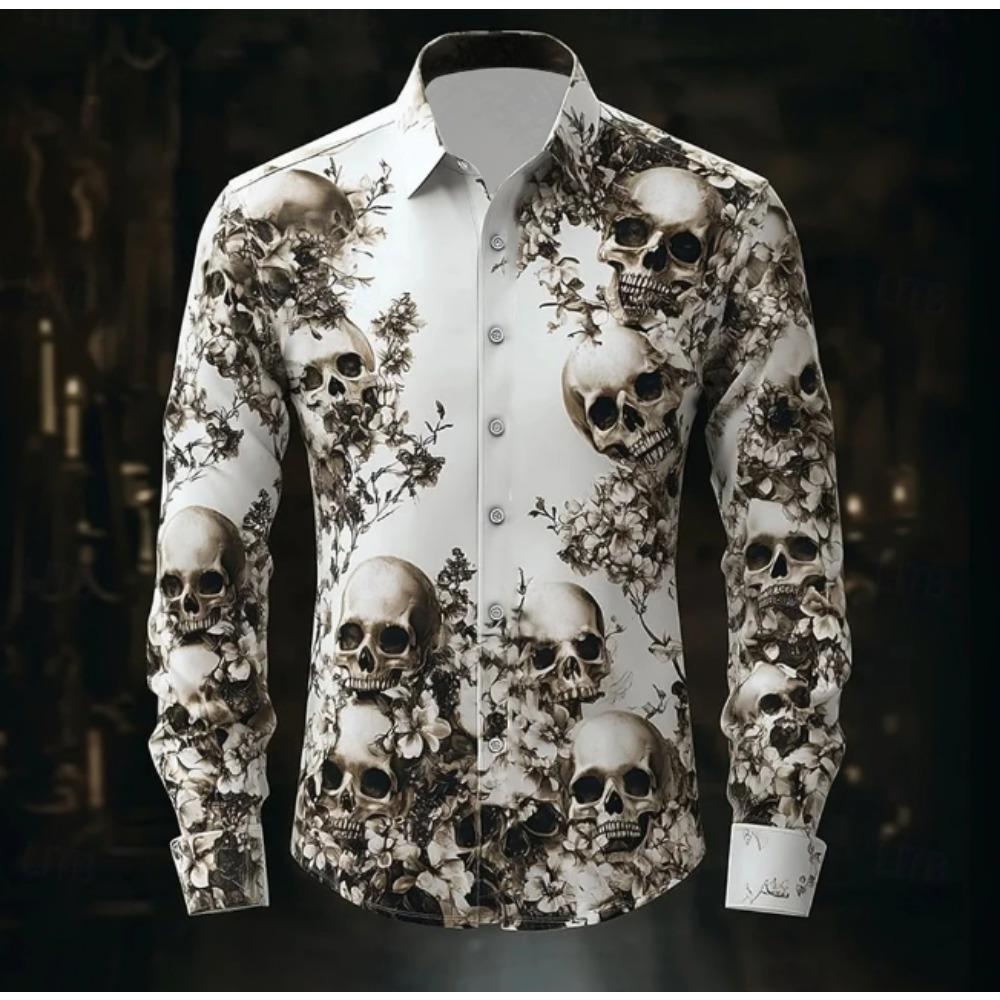 Men's Skull Printed Long Sleeve Shirts Casual Cardigan New Button Holiday Fashion Shirts