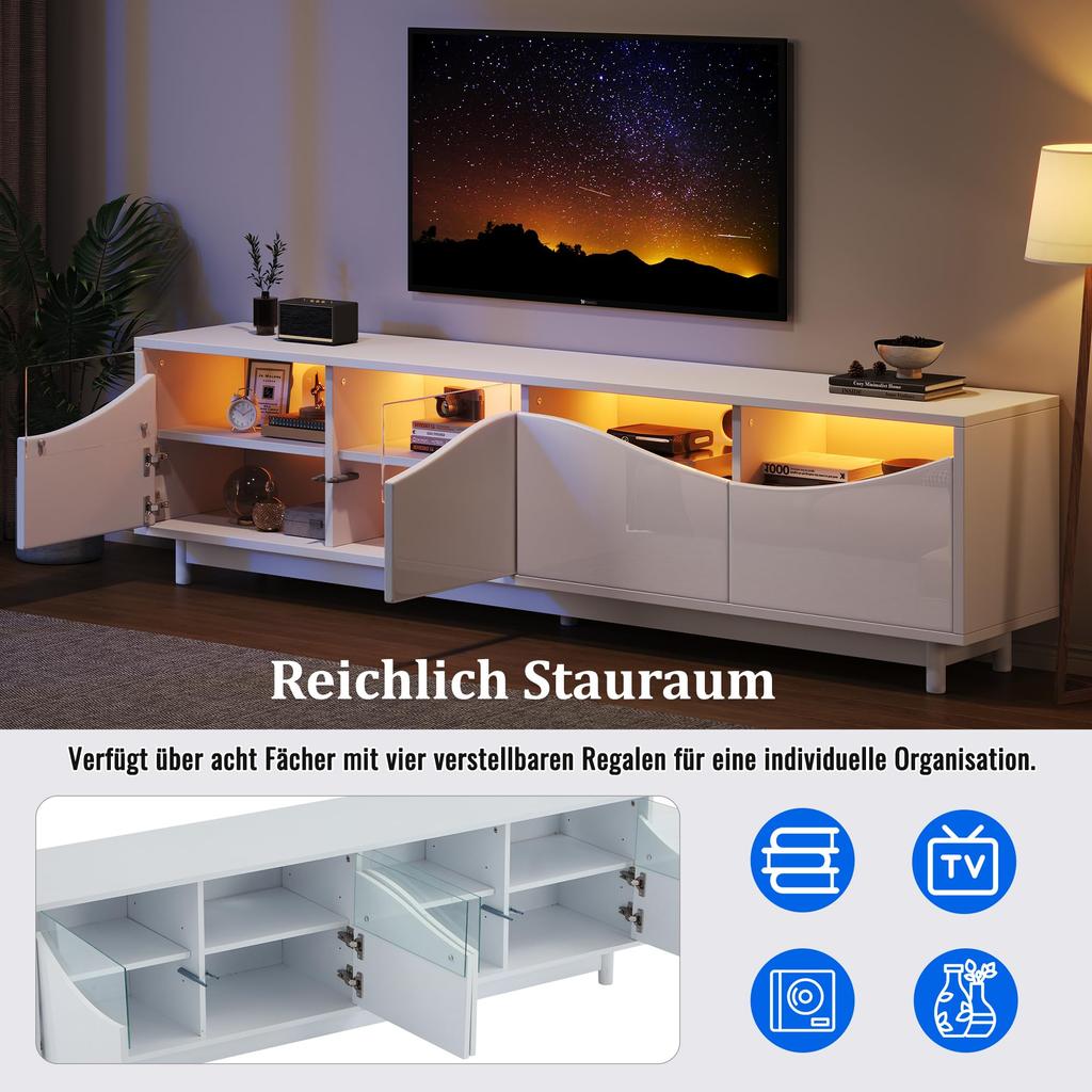 TV Schrank TV Lowboard Hochglanz Weiß 70 Zoll Fernseher, TV Ständer 4 Türen, Schranktür aus gehärtetem Glas, TV Möbel Wohnzimmer Schlafzimmer