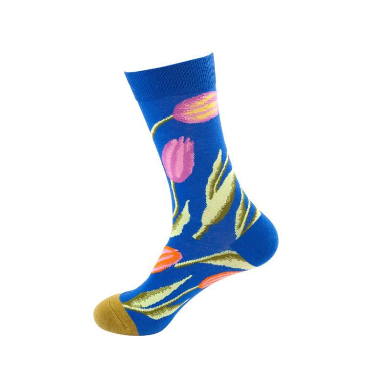 Flower Print Crew Socks Men Women Breathable Cotton Sweat-Absorbent Casual Trendy