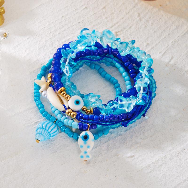 1 Set Summer Ocean Blue Beads Strand Hand Chain Bohemia Starfish Shell Beaded Bracelets For Women Jewelry Beach Vacation Gift