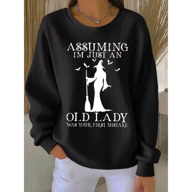 2026 Halloween Witch Print Crew Neck Long Sleeve Pullover Sweatshirt Unisex