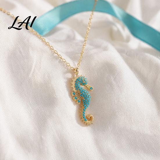 Stunning Ocean Pendant Necklace Women Blue Seahorse Necklace Rhinestone Stylish Sea Charm Creature Summer Beach Gift for Her Wife Girlfriend Delicate