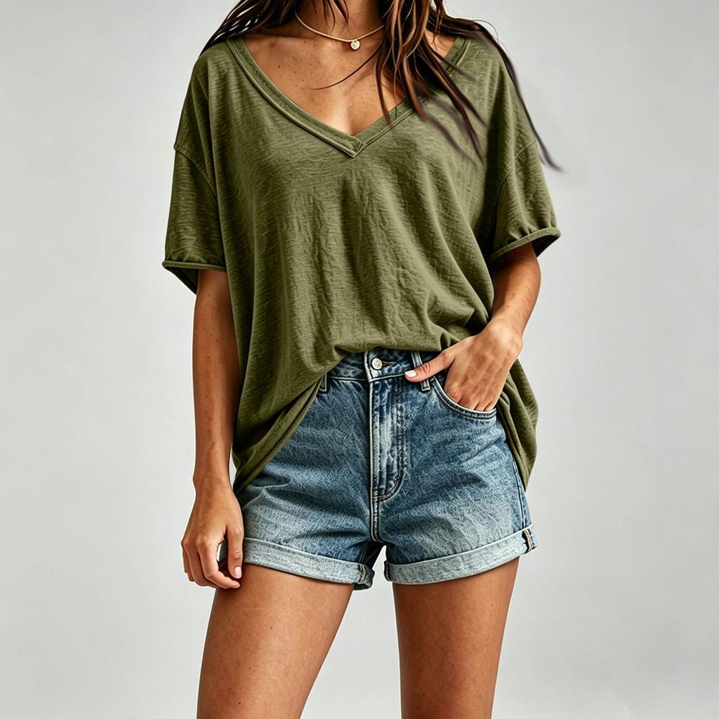 Women's Casual V Neck Loose Fit Plain Oversized Drop Shoulder Top Lightweight Soft Fabric Summer Tee Shirt for Everyday Wear