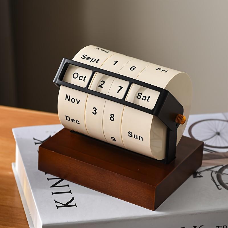 2025 New Model Retro Mechanical Style Rotating Wheel Perpetual Calendar Solid Wood Base, Monthly, Day Indicator, Natural Wood Finish