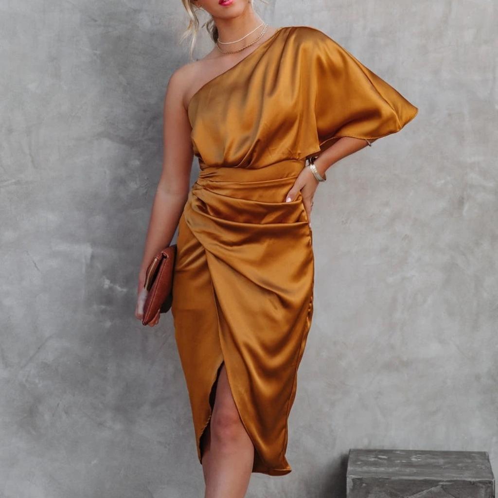 IHUASU Vestido de Noite Mulher Estampa Cor Sólida Verão Primavera Sexy Manga Única Seção Rosa Saia Irregular