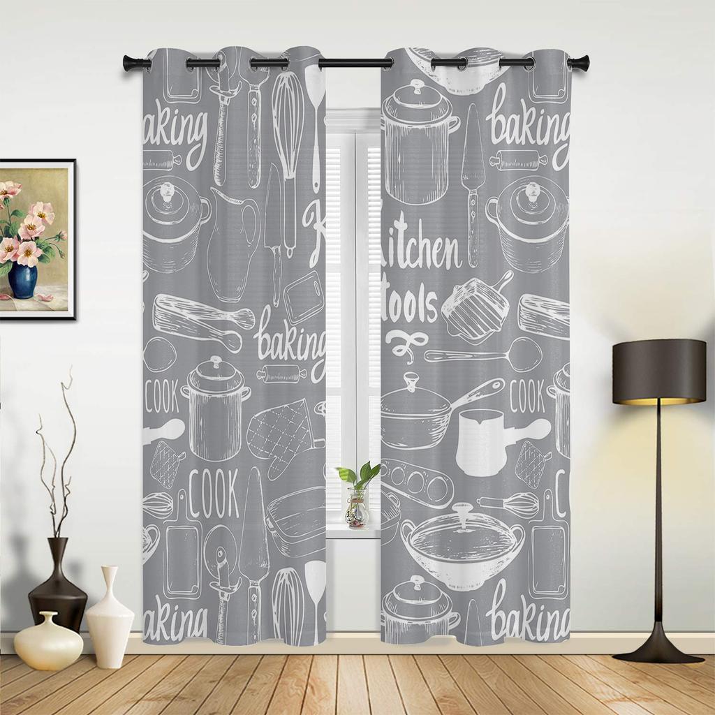 Küchenutensilien Karomuster Schwarz Weiß Vorhänge für Schlafzimmer Wohnzimmer Vorhänge Küche Kinderzimmer Fenstergardine Moderne Heimdekoration