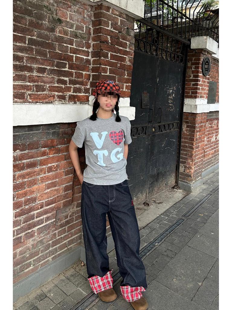 Męskie Jesienne Dżinsy w Kratę z Szerokimi Nogawkami, Podwinięte - Luksusowe, Luźne, Proste