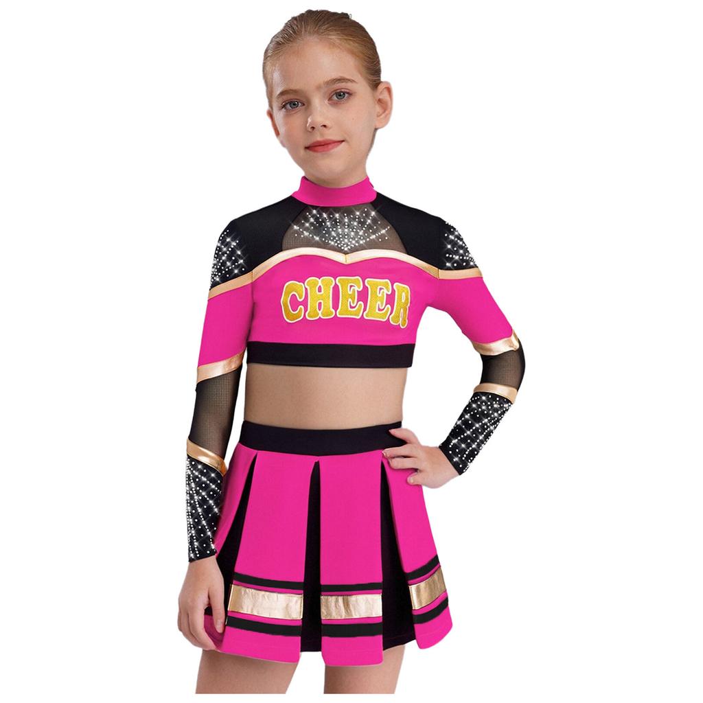 Bambina Ragazza Costume da Cheerleader 2 Pezzi Costume da Esibizione Manica Lunga Patchwork in Rete Trasparente Strass Color Block Crop Top con Gonna Pieghettata