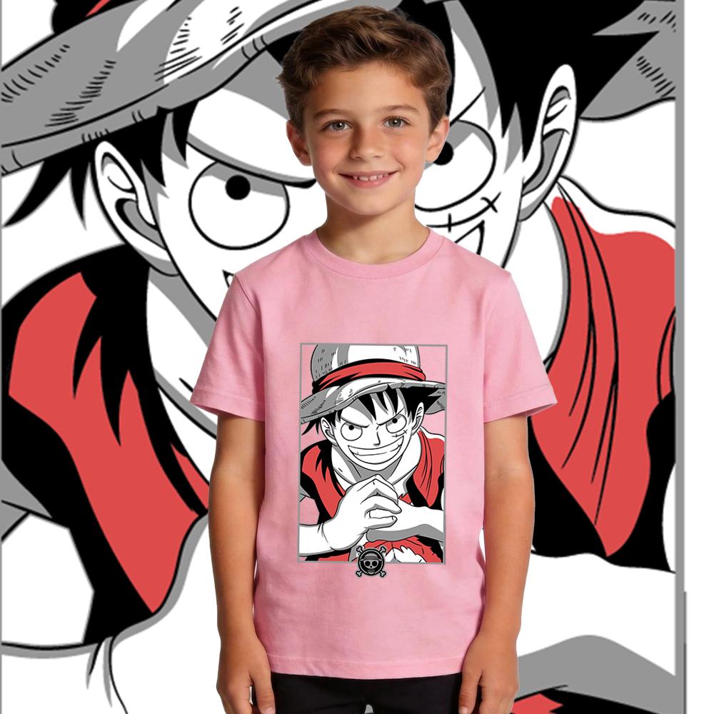 One Piece Luffy Anime Print Cotton T Shirt for Boys and Girls Kids Summer Casual Short Sleeve Soft Breathable Top