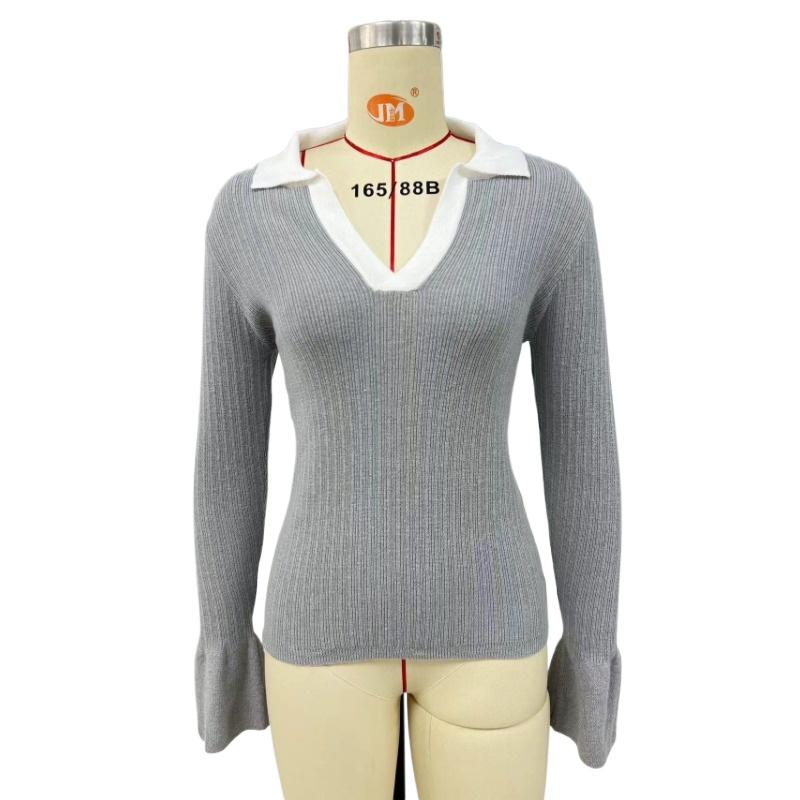 IHUASU Dámský evropský a americký podzimní a zimní pletený svetr přes hlavu se zvonovými rukávy a klopou