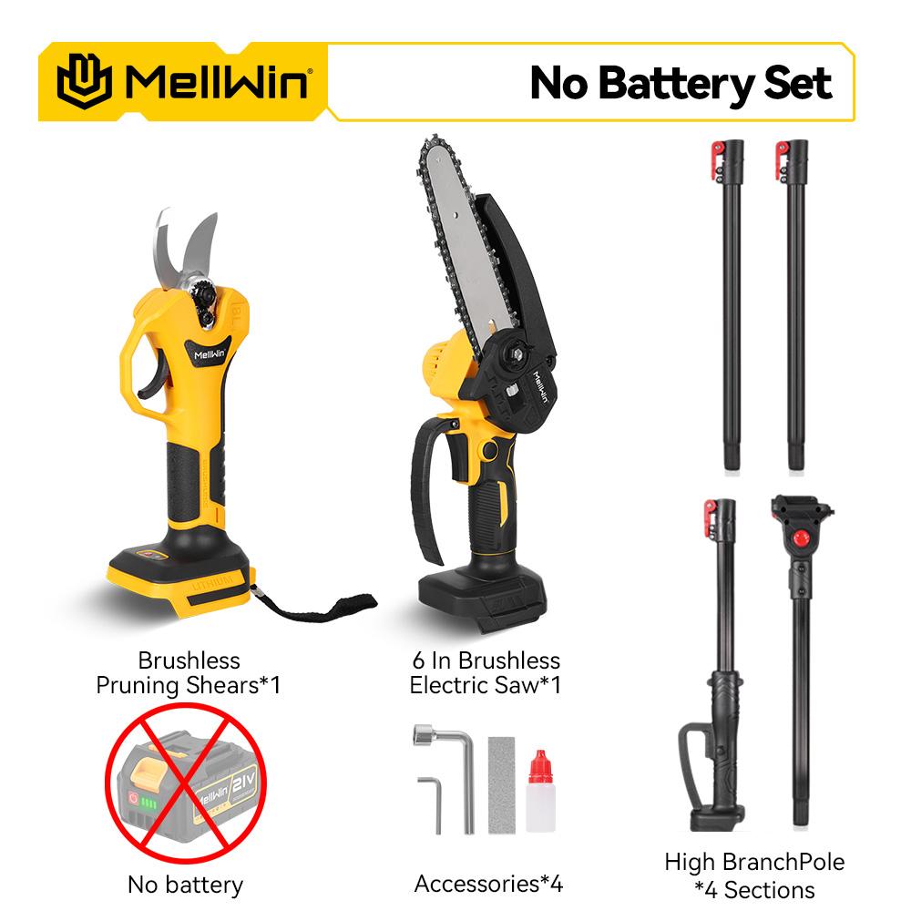MELLWIN Perche télescopique 200cm Électrique sans balais Tronçonneuse 6 pouces Cisailles pour hautes branches Outil de jardinage pour batterie 18V 21V