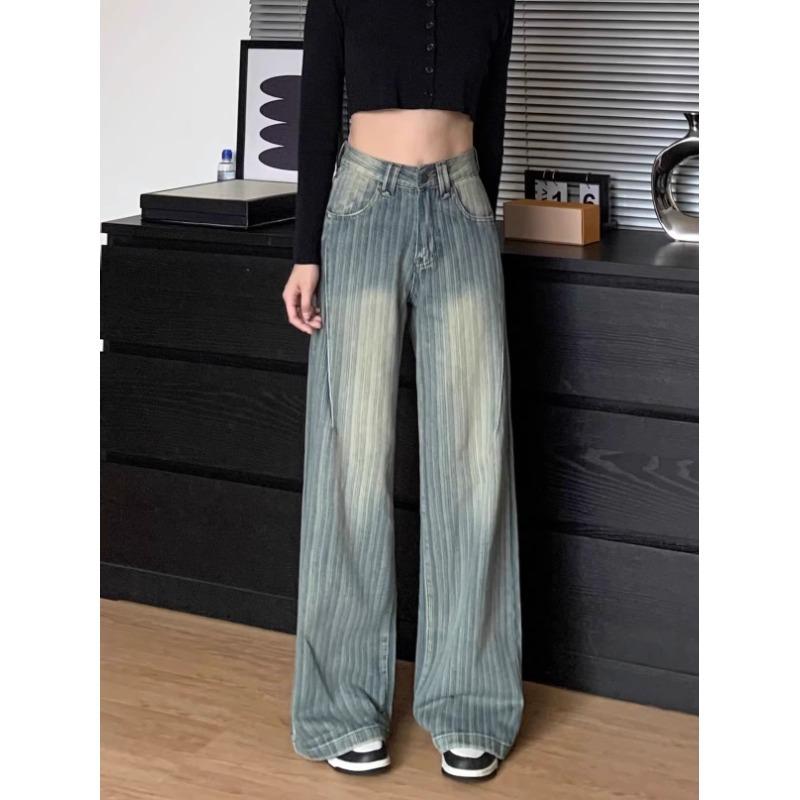 

Women s High-Waisted Wide-Leg Retro Striped Jeans - Slimming Spring/Summer Pants XXL синій