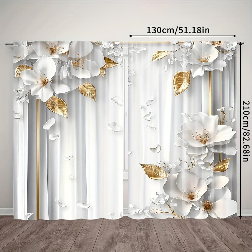 2 Pezzi Eleganti Tende in Poliestere Filtranti alla Luce con Motivo Floreale e Foglie d'Oro con Tasca per Asta per Soggiorno   Camera da Letto   Cucina e Bagno
