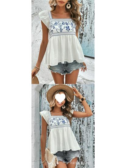 Women's Embroidered Lace-Up Square Neck Ruffle Top with Flutter Sleeves