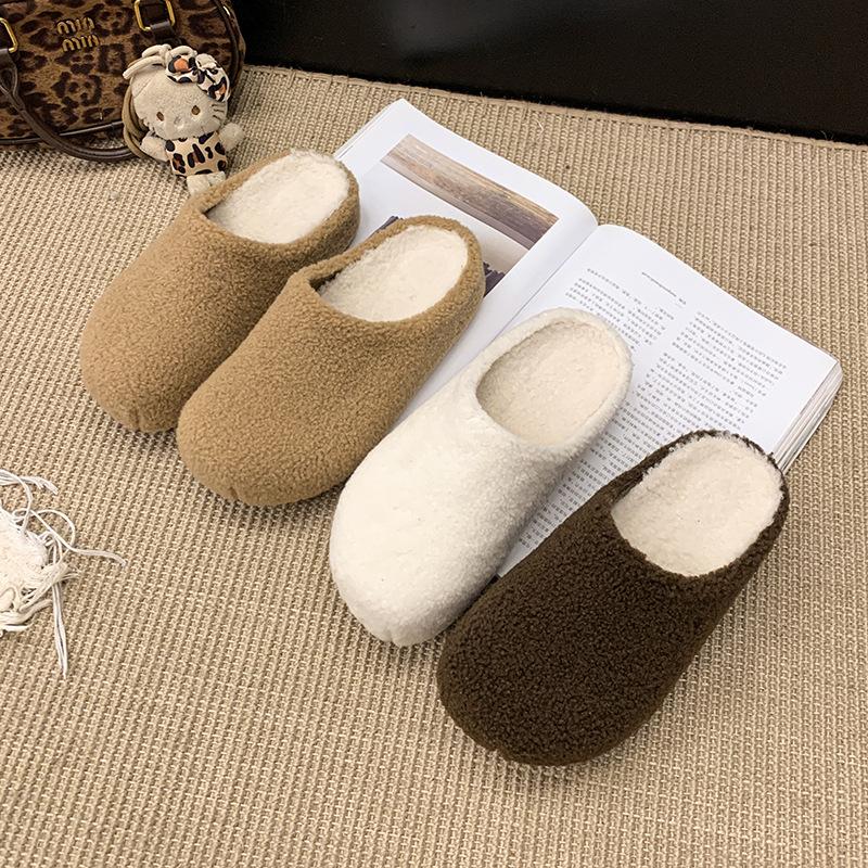 Thick bottom inner height increase fluffy slippers women wear new lazy one pedal home office cotton half drag