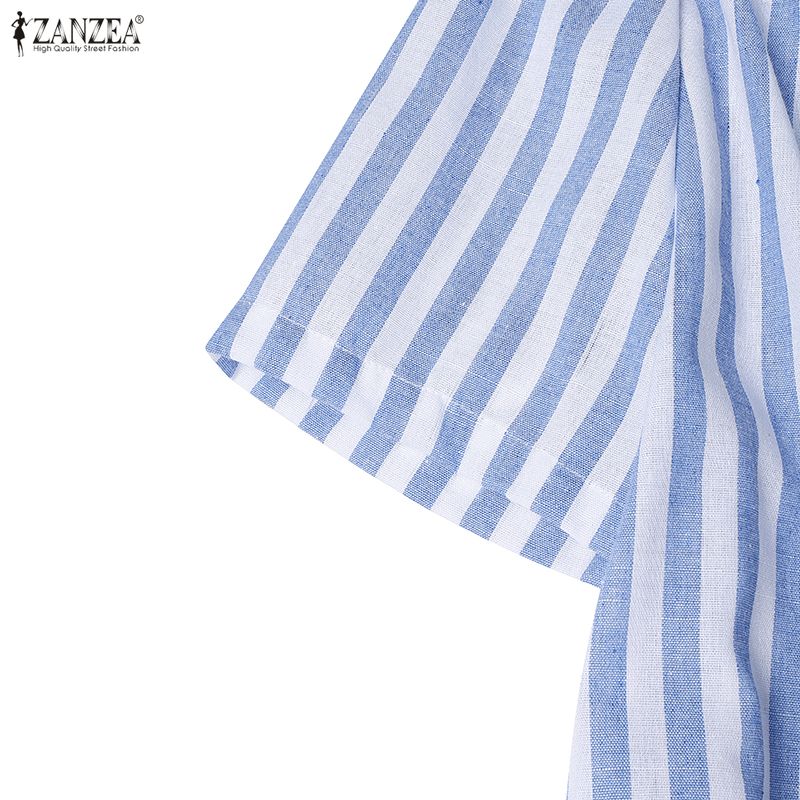 ZANZEA Women Casual Turn Down Collar Short Sleeve Stripe Shirt Dress