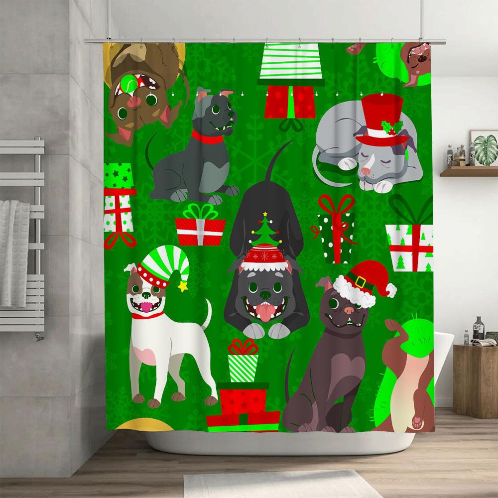 Green Christmas-Themed Shower Curtain Featuring Festive Dogs And Cats With Gifts Bathroom Decor For Holiday Season #Bathroomdeco