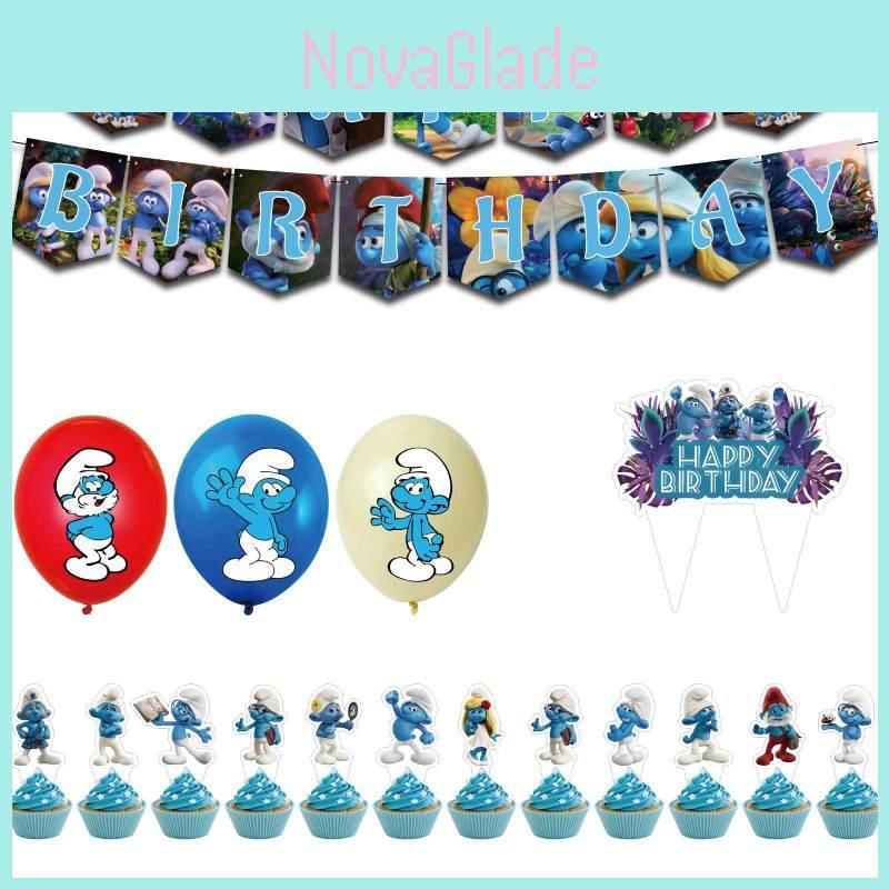 Blue Children Birthday Party Decoration Set Paper Flag Cartoon Cake Insert Balloon