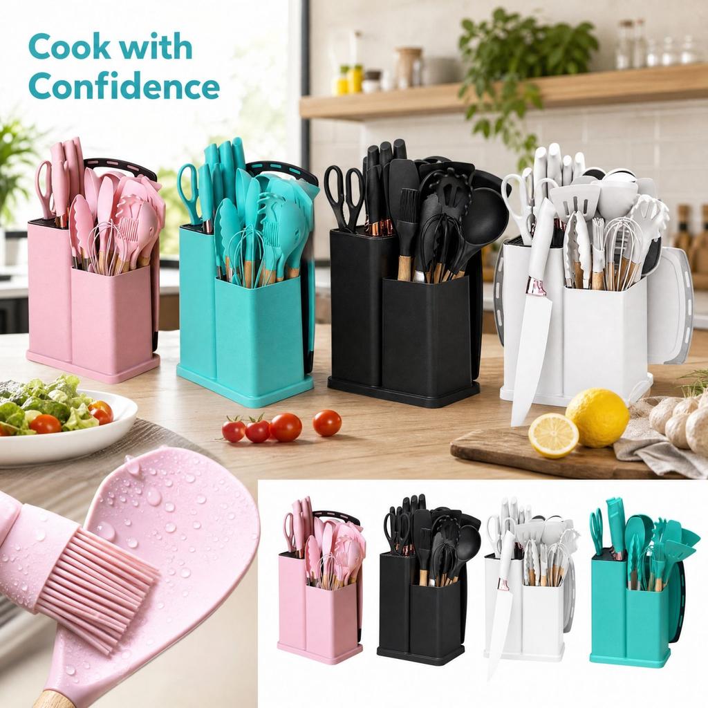19 Piece Silicone Kitchen Utensil Set with Cooking Spatulas and Spoons for Nonstick Cookware