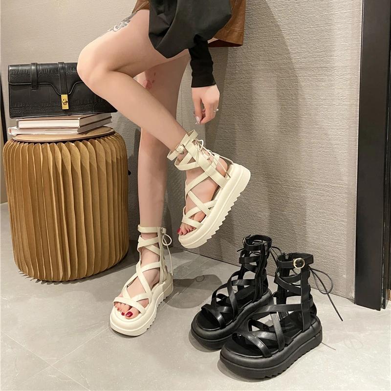 2025 Sexy High Top  Strap Sandals Women Summer Open Toe Fashion Hollow Zip Design Roman Gladiator Thick-soled Platform Sandals