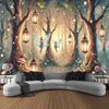 2D Enchanted Forest Tapestry, Fairies with Glowing Lanterns and Mushrooms Wall Hanging, Dreamy Home Decor