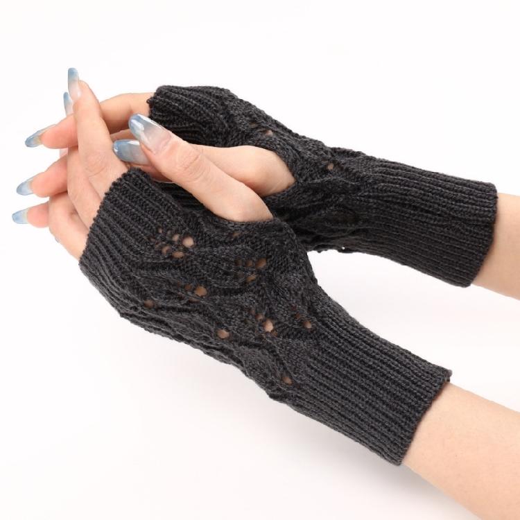 Knit Gloves Textured Leaf Design Soft Acrylic Fabric Cold Weather Fingerless Handwear Unisex Solid Color
