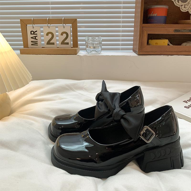 

Маленькие кожаные туфли в японском стиле Jk, женские туфли в британском стиле, бисквит на толстой подошве, французские нишевые туфли Мэри Джейн, высокие каблуки, толстый каблук, черные летние 36 чёрный