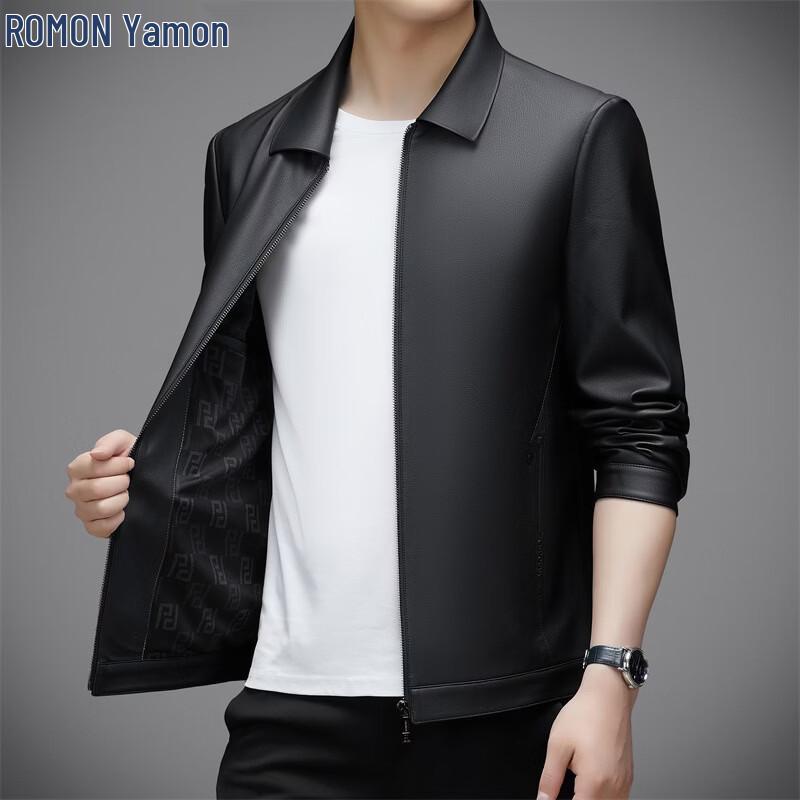 Romone Men's Autumn Lapel PU Leather Jacket