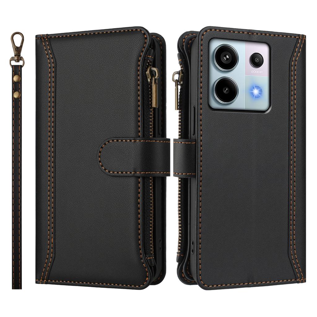 Do Xiaomi Poco X6 5G/Xiaomi Redmi Note 13 Pro 5G Skórzane Etui 9 Miejsc na Karty Portfel na Zamek Błyskawiczny Podstawka Pokrowiec na Telefon z Paskiem na Nadgarstek