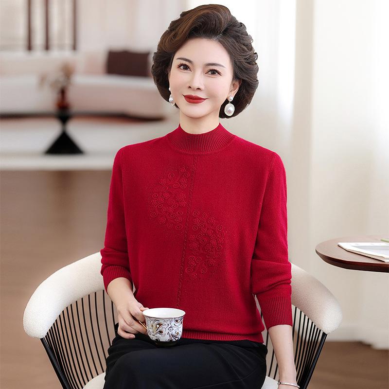 

Red Wool Sweater for Mother-in-Law - Warm Winter Outfit for Middle-aged & Elderly Women L (under 52.5 kg)