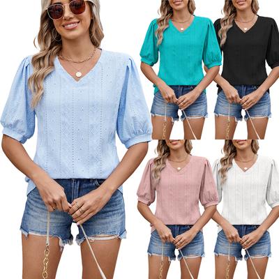 אביב וקיץ חדש בצבע אחיד צווארון V, חולצות טי שירט קצרות שרוולים נשים