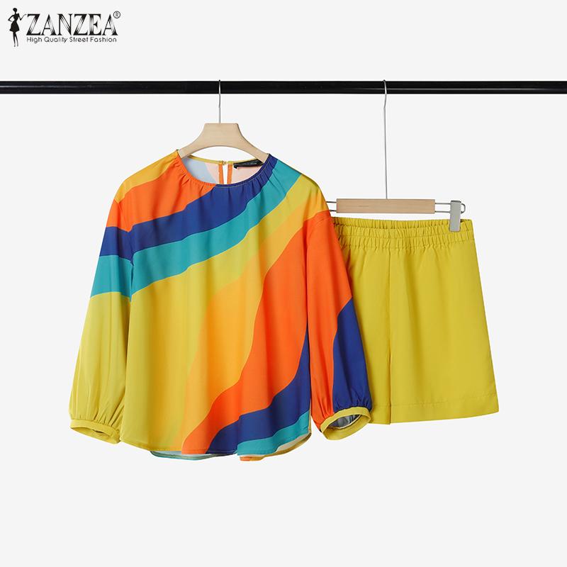 ZANZEA Women 3/4 Sleeve Print Blouse and Shorts Summer Two Piece Suit Sets