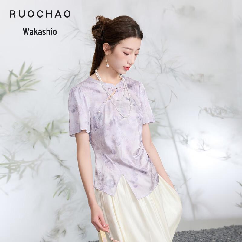 Sancai Women s Jacquard Floral Print Short Sleeve Top M